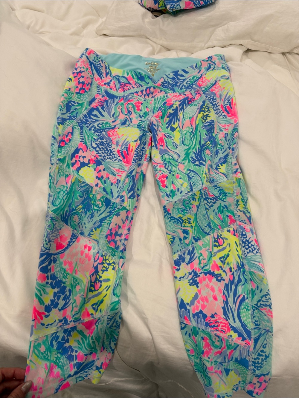 Lilly Pulitzer Neon Coral & Aqua Printed Leggings - Picture 1 of 3